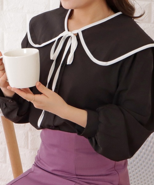 Lace Ladies（レースレディース）の「パイピング配色ビッグセーラーカラー長袖ブラウス（シャツ/ブラウス・レディース・アイボリー/ブラック・S/XL/M）」の5枚目の写真