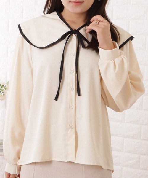 Lace Ladies（レースレディース）の「パイピング配色ビッグセーラーカラー長袖ブラウス（シャツ/ブラウス・レディース・アイボリー/ブラック・S/XL/M）」の13枚目の写真