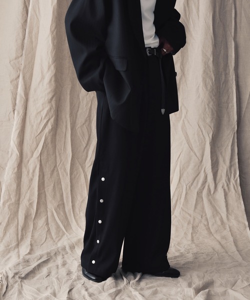 ワイドスラックス　グレー　サイドボタン link lot スラックス ウエストサイドボタンワイドスラックス