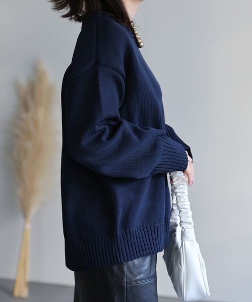 Sono - sono ネイビー　ハピネスニットプルオーバー　ぽんぽんニット セール】ぽこぽこ透かし編み ヘンリーネックサマーニットプル