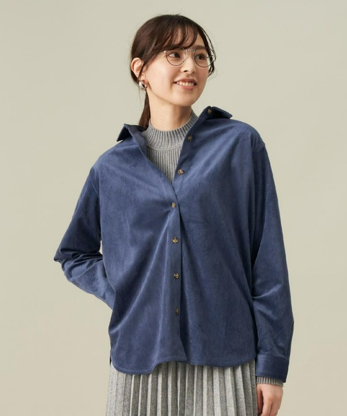 TOKYO SHIRTS(トウキョウシャツ)の「ショートラウンドテール コーデュロイ風 レギュラー 長袖シャツ(シャツ/ブラウス・レディース・ネイビー/ベージュ・LL/M/L)」の2枚目の写真