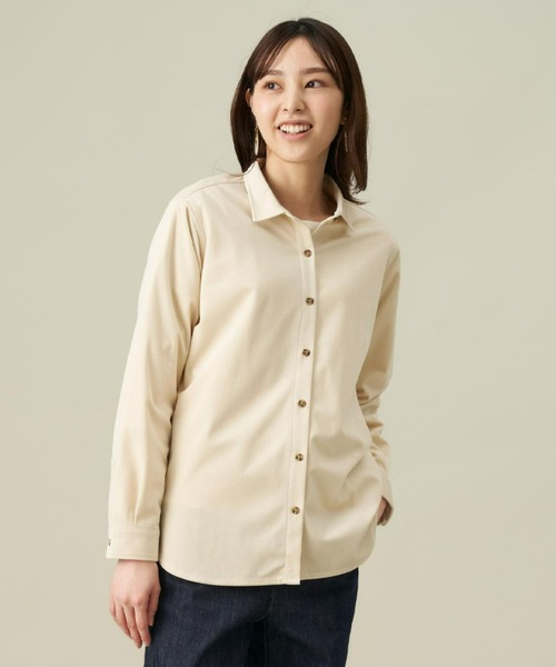 TOKYO SHIRTS(トウキョウシャツ)の「ショートラウンドテール コーデュロイ風 レギュラー 長袖シャツ(シャツ/ブラウス・レディース・ネイビー/ベージュ・LL/M/L)」の3枚目の写真