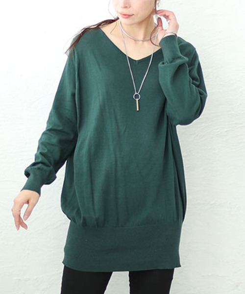 GOLDJAPAN(ゴールドジャパン)の「Vネックワイドリブ綿ニット【大きいサイズ対応】(ニット/セーター・レディース・ダークグリーン/ベージュ系/ブルー/ネイビー/マスタード/ホワイト/ブラック/杢グレー/バーガンディー・LL~3L/4L~5L)」の1枚目の写真