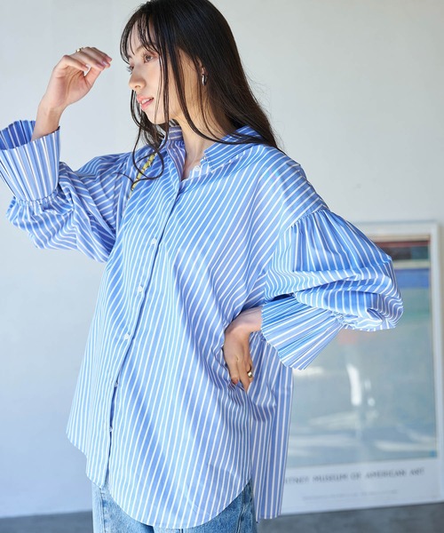 VIS(ビス)の「プリーツスリーブシャツ【洗える】(シャツ/ブラウス・レディース・ブルー系その他6/ブルー/オフホワイト/パープル系その他・FREE)」の14枚目の写真