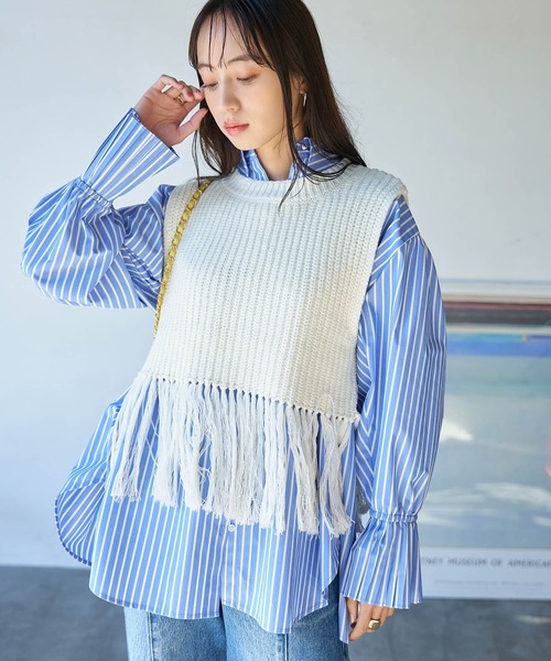 VIS(ビス)の「プリーツスリーブシャツ【洗える】(シャツ/ブラウス・レディース・ブルー系その他6/ブルー/オフホワイト/パープル系その他・FREE)」の5枚目の写真