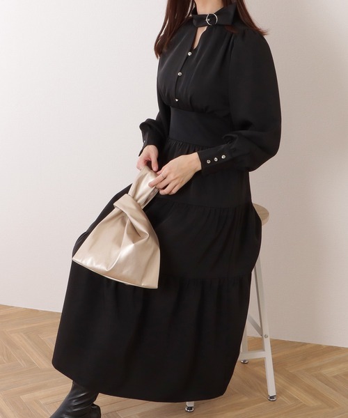 Lace Ladies(レースレディース)の「Vネック ティアード ギャザー マキシ丈 ワンピース(ワンピース・レディース・ブラック/ブルーグレー・S/FREE)」の6枚目の写真