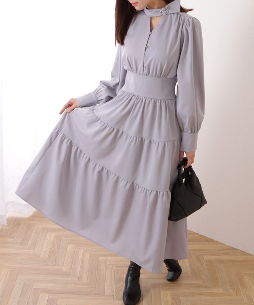 Lace Ladies(レースレディース)の「Vネック ティアード ギャザー マキシ丈 ワンピース(ワンピース・レディース・ブラック/ブルーグレー・S/FREE)」の13枚目の写真
