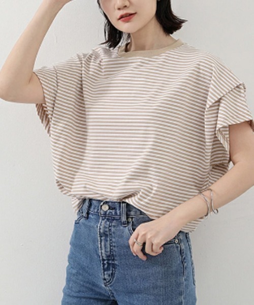 Miniministore(ミニミニストア)の「ショルダータックTシャツ レディース半袖(Tシャツ/カットソー・レディース・ブラック/ベージュ/ネイビー/ライトグレー/ホワイト/ブラック×ホワイト・FREE)」の1枚目の写真