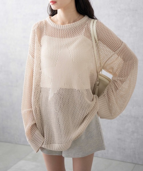 WEGO(ウィゴー)の「WEGO/スターメッシュニットプルオーバー(ニット/セーター・レディース・ブラック/アイボリー・FREE)」の1枚目の写真