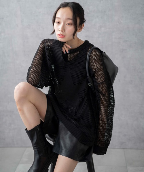 WEGO(ウィゴー)の「WEGO/スターメッシュニットプルオーバー(ニット/セーター・レディース・ブラック/アイボリー・FREE)」の9枚目の写真