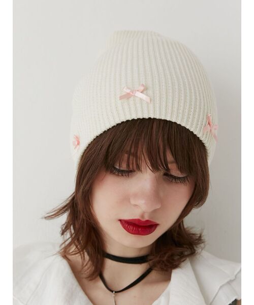 jouetie（ジュエティ）の「リボンビーニー（ニットキャップ/ビーニー・レディース・オフホワイト/ブラック・FREE）」の6枚目の写真