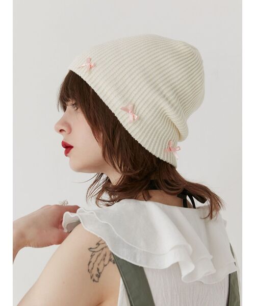 jouetie（ジュエティ）の「リボンビーニー（ニットキャップ/ビーニー・レディース・オフホワイト/ブラック・FREE）」の8枚目の写真