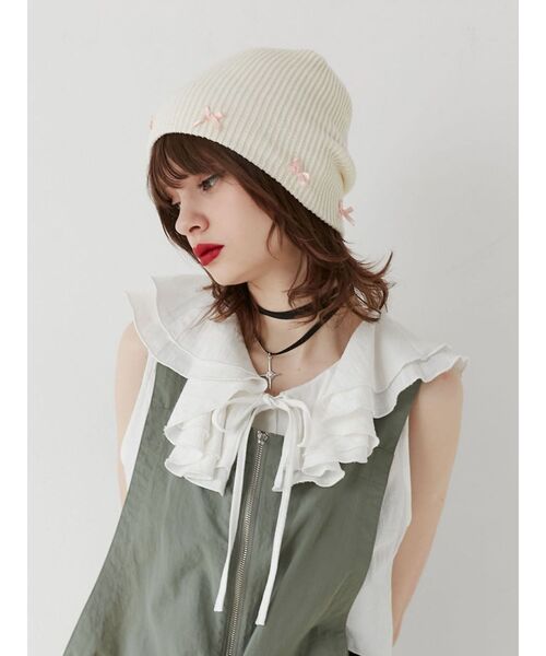 jouetie（ジュエティ）の「リボンビーニー（ニットキャップ/ビーニー・レディース・オフホワイト/ブラック・FREE）」の9枚目の写真