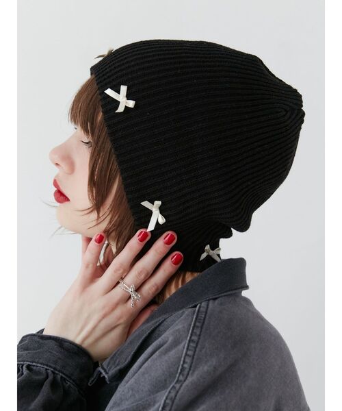 jouetie（ジュエティ）の「リボンビーニー（ニットキャップ/ビーニー・レディース・オフホワイト/ブラック・FREE）」の5枚目の写真
