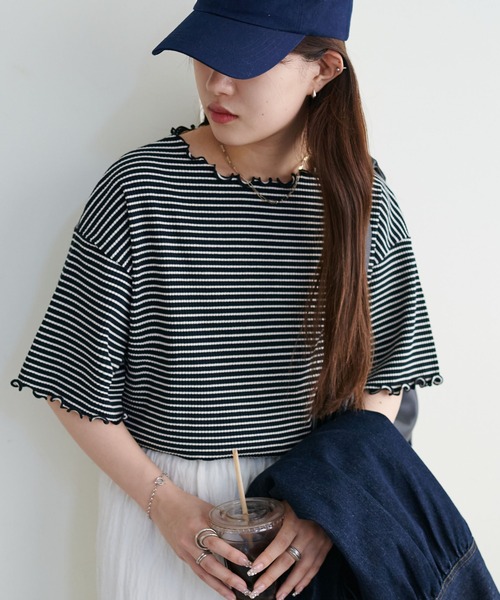 DISCOAT（ディスコート）の「【新色追加!/22色展開】リブメローフレア5分袖≪WEB限定≫（Tシャツ/カットソー・レディース・ブラック/アイボリー/ホワイト×ブラック/ホワイト/ピンク/ライム/ブラック×ホワイト/ホワイト系その他/オレンジ/グレイッシュベージュ/サーモンピンク/グリーン系その他2/クリア/ブラウン系その他/カーキ/インディゴブルー/ブルー/レッド/ネイビー/モカ/ブラウン系その他2/ミント・MEDIUM）」の6枚目の写真