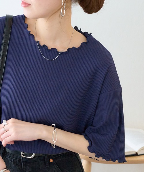 DISCOAT（ディスコート）の「【新色追加!/22色展開】リブメローフレア5分袖≪WEB限定≫（Tシャツ/カットソー・レディース・ブラック/アイボリー/ホワイト×ブラック/ホワイト/ピンク/ライム/ブラック×ホワイト/ホワイト系その他/オレンジ/グレイッシュベージュ/サーモンピンク/グリーン系その他2/クリア/ブラウン系その他/カーキ/インディゴブルー/ブルー/レッド/ネイビー/モカ/ブラウン系その他2/ミント・MEDIUM）」の15枚目の写真