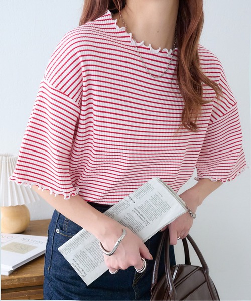 DISCOAT（ディスコート）の「【新色追加!/22色展開】リブメローフレア5分袖≪WEB限定≫（Tシャツ/カットソー・レディース・ブラック/アイボリー/ホワイト×ブラック/ホワイト/ピンク/ライム/ブラック×ホワイト/ホワイト系その他/オレンジ/グレイッシュベージュ/サーモンピンク/グリーン系その他2/クリア/ブラウン系その他/カーキ/インディゴブルー/ブルー/レッド/ネイビー/モカ/ブラウン系その他2/ミント・MEDIUM）」の20枚目の写真