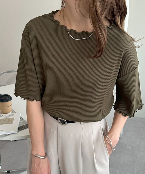 DISCOAT（ディスコート）の「【新色追加!/22色展開】リブメローフレア5分袖≪WEB限定≫（Tシャツ/カットソー・レディース・ブラック/アイボリー/ホワイト×ブラック/ホワイト/ピンク/ライム/ブラック×ホワイト/ホワイト系その他/オレンジ/グレイッシュベージュ/サーモンピンク/グリーン系その他2/クリア/ブラウン系その他/カーキ/インディゴブルー/ブルー/レッド/ネイビー/モカ/ブラウン系その他2/ミント・MEDIUM）」の11枚目の写真