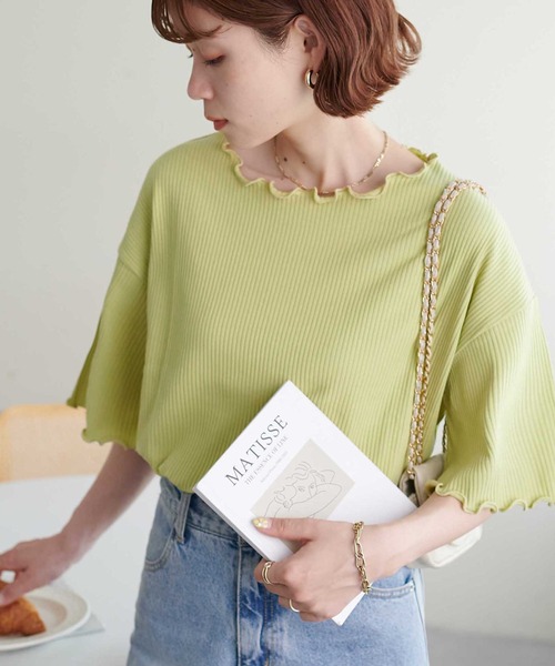 DISCOAT（ディスコート）の「【新色追加!/22色展開】リブメローフレア5分袖≪WEB限定≫（Tシャツ/カットソー・レディース・ブラック/アイボリー/ホワイト×ブラック/ホワイト/ピンク/ライム/ブラック×ホワイト/ホワイト系その他/オレンジ/グレイッシュベージュ/サーモンピンク/グリーン系その他2/クリア/ブラウン系その他/カーキ/インディゴブルー/ブルー/レッド/ネイビー/モカ/ブラウン系その他2/ミント・MEDIUM）」の12枚目の写真