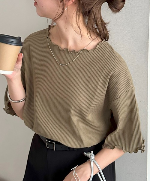 DISCOAT（ディスコート）の「【新色追加!/22色展開】リブメローフレア5分袖≪WEB限定≫（Tシャツ/カットソー・レディース・ブラック/アイボリー/ホワイト×ブラック/ホワイト/ピンク/ライム/ブラック×ホワイト/ホワイト系その他/オレンジ/グレイッシュベージュ/サーモンピンク/グリーン系その他2/クリア/ブラウン系その他/カーキ/インディゴブルー/ブルー/レッド/ネイビー/モカ/ブラウン系その他2/ミント・MEDIUM）」の10枚目の写真