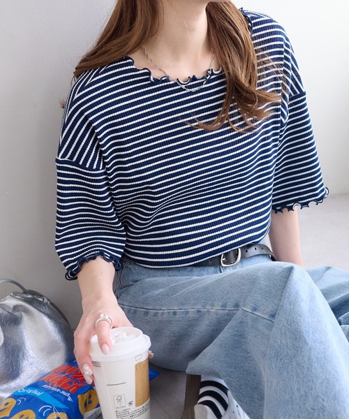 DISCOAT（ディスコート）の「【新色追加!/22色展開】リブメローフレア5分袖≪WEB限定≫（Tシャツ/カットソー・レディース・ブラック/アイボリー/ホワイト×ブラック/ホワイト/ピンク/ライム/ブラック×ホワイト/ホワイト系その他/オレンジ/グレイッシュベージュ/サーモンピンク/グリーン系その他2/クリア/ブラウン系その他/カーキ/インディゴブルー/ブルー/レッド/ネイビー/モカ/ブラウン系その他2/ミント・MEDIUM）」の16枚目の写真