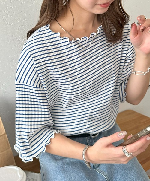 DISCOAT（ディスコート）の「【新色追加!/22色展開】リブメローフレア5分袖≪WEB限定≫（Tシャツ/カットソー・レディース・ブラック/アイボリー/ホワイト×ブラック/ホワイト/ピンク/ライム/ブラック×ホワイト/ホワイト系その他/オレンジ/グレイッシュベージュ/サーモンピンク/グリーン系その他2/クリア/ブラウン系その他/カーキ/インディゴブルー/ブルー/レッド/ネイビー/モカ/ブラウン系その他2/ミント・MEDIUM）」の17枚目の写真