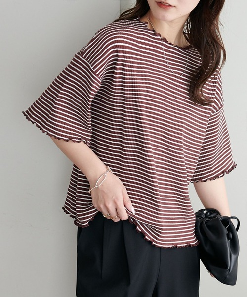 DISCOAT（ディスコート）の「【新色追加!/22色展開】リブメローフレア5分袖≪WEB限定≫（Tシャツ/カットソー・レディース・ブラック/アイボリー/ホワイト×ブラック/ホワイト/ピンク/ライム/ブラック×ホワイト/ホワイト系その他/オレンジ/グレイッシュベージュ/サーモンピンク/グリーン系その他2/クリア/ブラウン系その他/カーキ/インディゴブルー/ブルー/レッド/ネイビー/モカ/ブラウン系その他2/ミント・MEDIUM）」の9枚目の写真