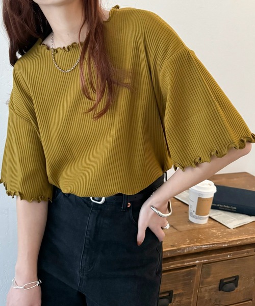 DISCOAT（ディスコート）の「【新色追加!/22色展開】リブメローフレア5分袖≪WEB限定≫（Tシャツ/カットソー・レディース・ブラック/アイボリー/ホワイト×ブラック/ホワイト/ピンク/ライム/ブラック×ホワイト/ホワイト系その他/オレンジ/グレイッシュベージュ/サーモンピンク/グリーン系その他2/クリア/ブラウン系その他/カーキ/インディゴブルー/ブルー/レッド/ネイビー/モカ/ブラウン系その他2/ミント・MEDIUM）」の14枚目の写真