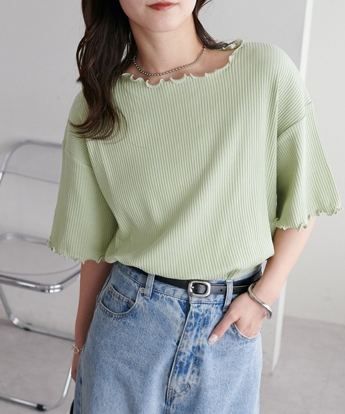 DISCOAT（ディスコート）の「【新色追加!/22色展開】リブメローフレア5分袖≪WEB限定≫（Tシャツ/カットソー・レディース・ブラック/アイボリー/ホワイト×ブラック/ホワイト/ピンク/ライム/ブラック×ホワイト/ホワイト系その他/オレンジ/グレイッシュベージュ/サーモンピンク/グリーン系その他2/クリア/ブラウン系その他/カーキ/インディゴブルー/ブルー/レッド/ネイビー/モカ/ブラウン系その他2/ミント・MEDIUM）」の13枚目の写真