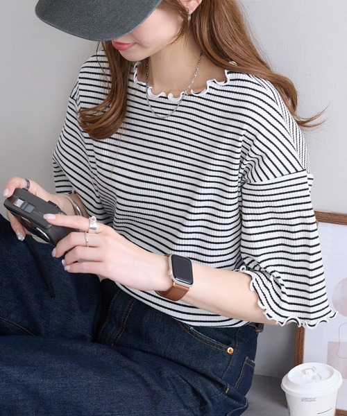 DISCOAT（ディスコート）の「【新色追加!/22色展開】リブメローフレア5分袖≪WEB限定≫（Tシャツ/カットソー・レディース・ブラック/アイボリー/ホワイト×ブラック/ホワイト/ピンク/ライム/ブラック×ホワイト/ホワイト系その他/オレンジ/グレイッシュベージュ/サーモンピンク/グリーン系その他2/クリア/ブラウン系その他/カーキ/インディゴブルー/ブルー/レッド/ネイビー/モカ/ブラウン系その他2/ミント・MEDIUM）」の22枚目の写真