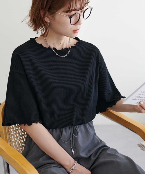 DISCOAT（ディスコート）の「【新色追加!/22色展開】リブメローフレア5分袖≪WEB限定≫（Tシャツ/カットソー・レディース・ブラック/アイボリー/ホワイト×ブラック/ホワイト/ピンク/ライム/ブラック×ホワイト/ホワイト系その他/オレンジ/グレイッシュベージュ/サーモンピンク/グリーン系その他2/クリア/ブラウン系その他/カーキ/インディゴブルー/ブルー/レッド/ネイビー/モカ/ブラウン系その他2/ミント・MEDIUM）」の5枚目の写真