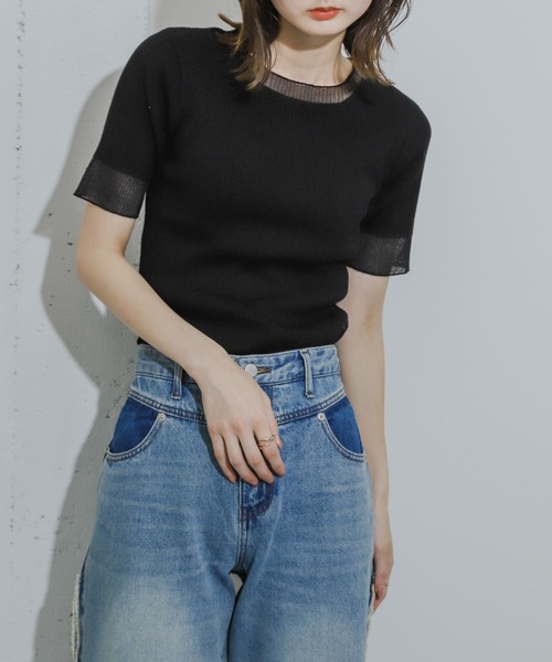 HEYUMM（ヘユム）の「シアーデザインコンパクトセーター(5分)（ニット/セーター・レディース・ブラック/グレー/オフホワイト/ライトブルー・ONE）」の3枚目の写真