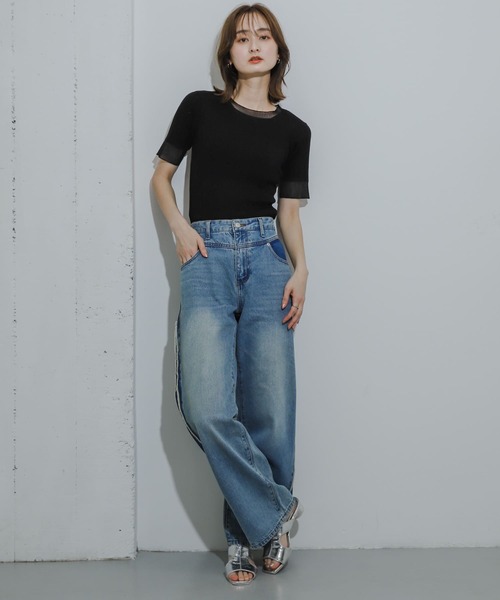 HEYUMM（ヘユム）の「シアーデザインコンパクトセーター(5分)（ニット/セーター・レディース・ブラック/グレー/オフホワイト/ライトブルー・ONE）」の17枚目の写真