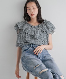 LOWRYS FARM | クロスギャザーブラウスフレンチスリーブ 136140(シャツ/ブラウス)