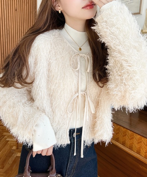 セール】前後2WAYショート丈フリンジリボンカーディガン（カーディガン