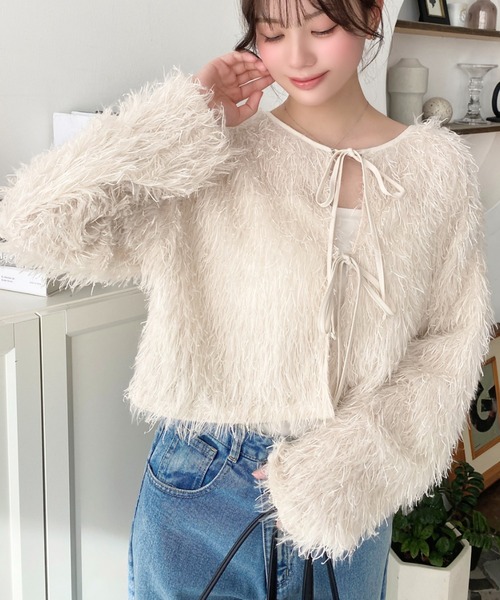 セール】前後2WAYショート丈フリンジリボンカーディガン（カーディガン