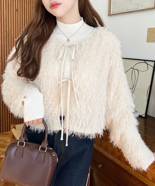 セール】前後2WAYショート丈フリンジリボンカーディガン（カーディガン