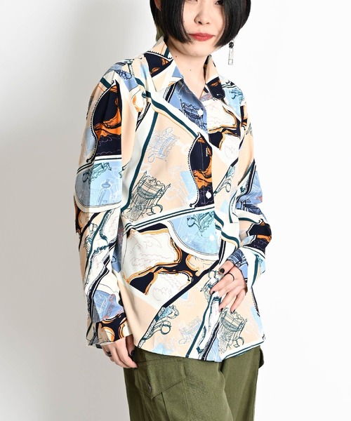 近年✨Sov. ボウタイ シャツ ブラウス スカーフ柄 総柄 馬柄 38 ブラウス トップス ボウタイブラウス スカーフ柄 とろみシャツ