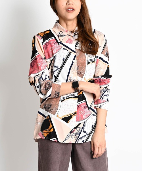 ◆美品◆MORABITO◆スカーフ柄風半袖ブラウス◆Tシャツ◆濃紺ネイビー◆M ◇美品◇MORABITO◇スカーフ柄風半袖ブラウス◇Tシャツ◇濃紺