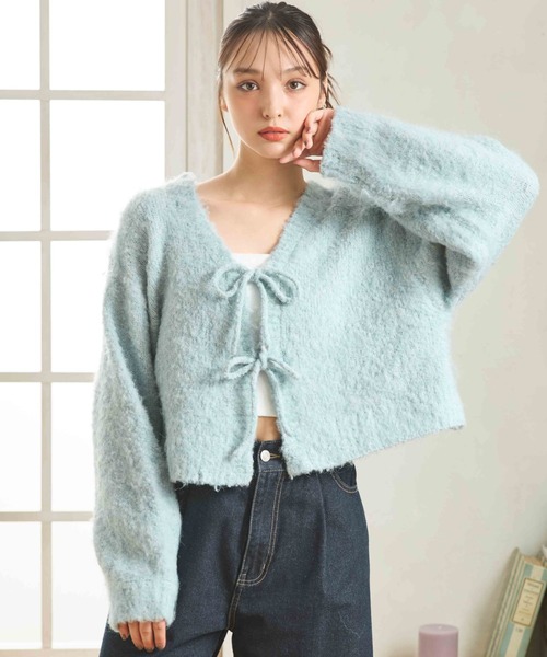 INGNI(イング)の「【WEB限定】フロントリボンブークレーニットカーディガン(カーディガン/ボレロ・レディース・アイボリー/ミント/サックスブルー/ピンク/グレー・M)」の3枚目の写真