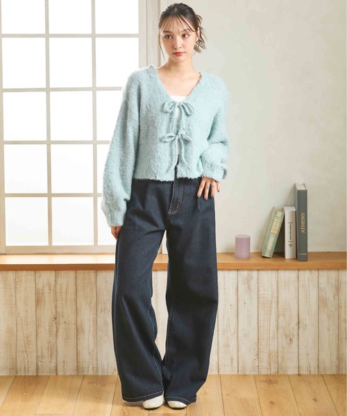 セール】【WEB限定】フロントリボンブークレーニットカーディガン