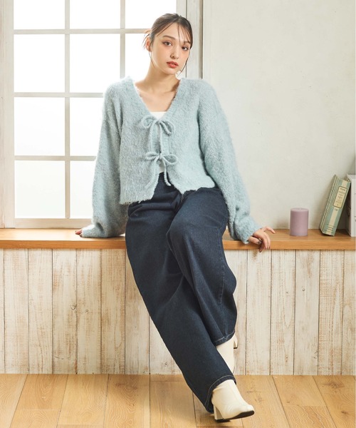 セール】【WEB限定】フロントリボンブークレーニットカーディガン