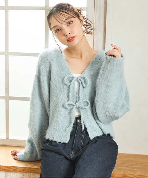 セール】【WEB限定】フロントリボンブークレーニットカーディガン
