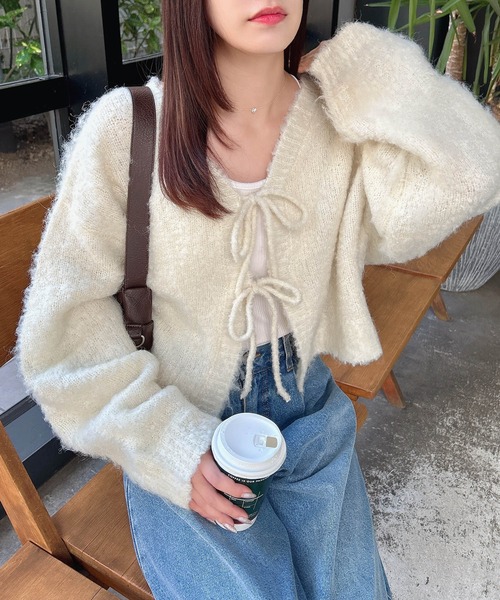 セール】【WEB限定】フロントリボンブークレーニットカーディガン