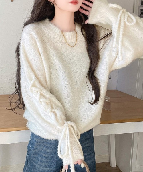 classicalelf(クラシカルエルフ)の「大人の華やかニット。袖レースアップキャンディスリーブニット(ニット/セーター・レディース・アイボリー/チャコール/ブラウン・X-LARGE/LARGE/MEDIUM/SMALL)」の6枚目の写真