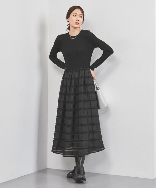 UNITED ARROWS（ユナイテッドアローズ）の「フィット＆フレア シアーボーダー コンビワンピース（ワンピース・レディース・ブラック/ダークグレー・FREE）」の5枚目の写真