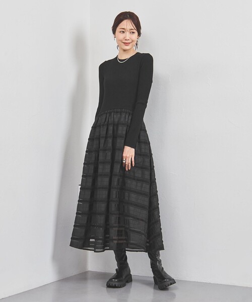 UNITED ARROWS（ユナイテッドアローズ）の「フィット＆フレア シアーボーダー コンビワンピース（ワンピース・レディース・ブラック/ダークグレー・FREE）」の7枚目の写真