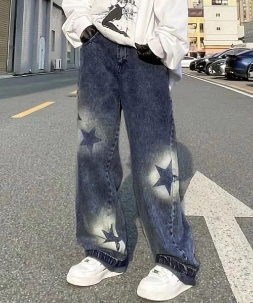 セール】星柄 スプレープリント デニムパンツ（デニムパンツ