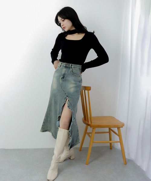 M DOLLY(エムドリー)の「slit ruffle denim skirt/スリットフリルデニムスカート(デニムスカート・レディース・グレー・M/S)」の3枚目の写真