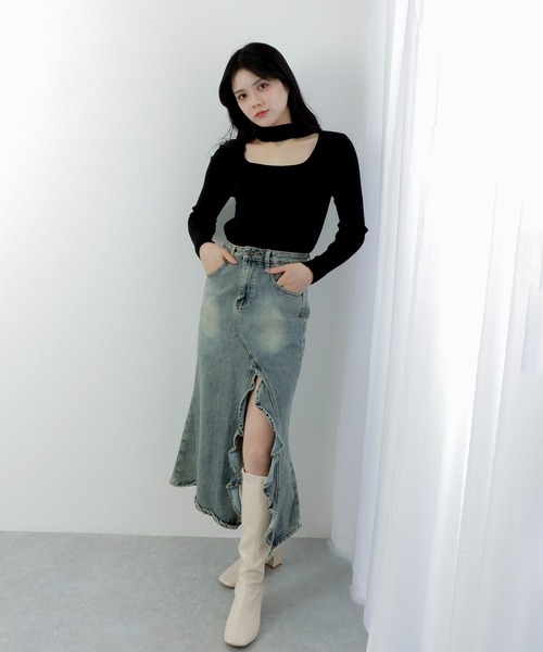 M DOLLY(エムドリー)の「slit ruffle denim skirt/スリットフリルデニムスカート(デニムスカート・レディース・グレー・M/S)」の5枚目の写真
